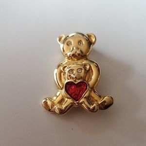 Vintage Figural Bear Brooch Baby Bear Red Enamel Heart Rhinestone Eyes